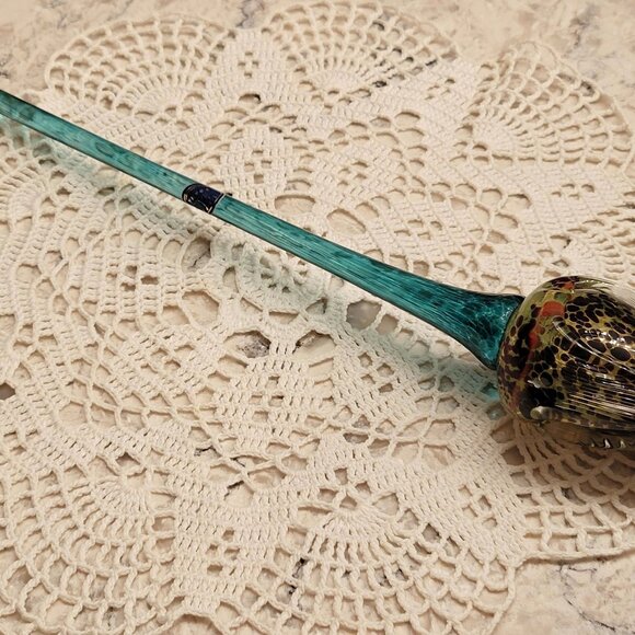 Vintage Czech Art Glass Flower Tulip Hand Blown Glass Turquoise Gold Long Stem - Picture 7 of 11